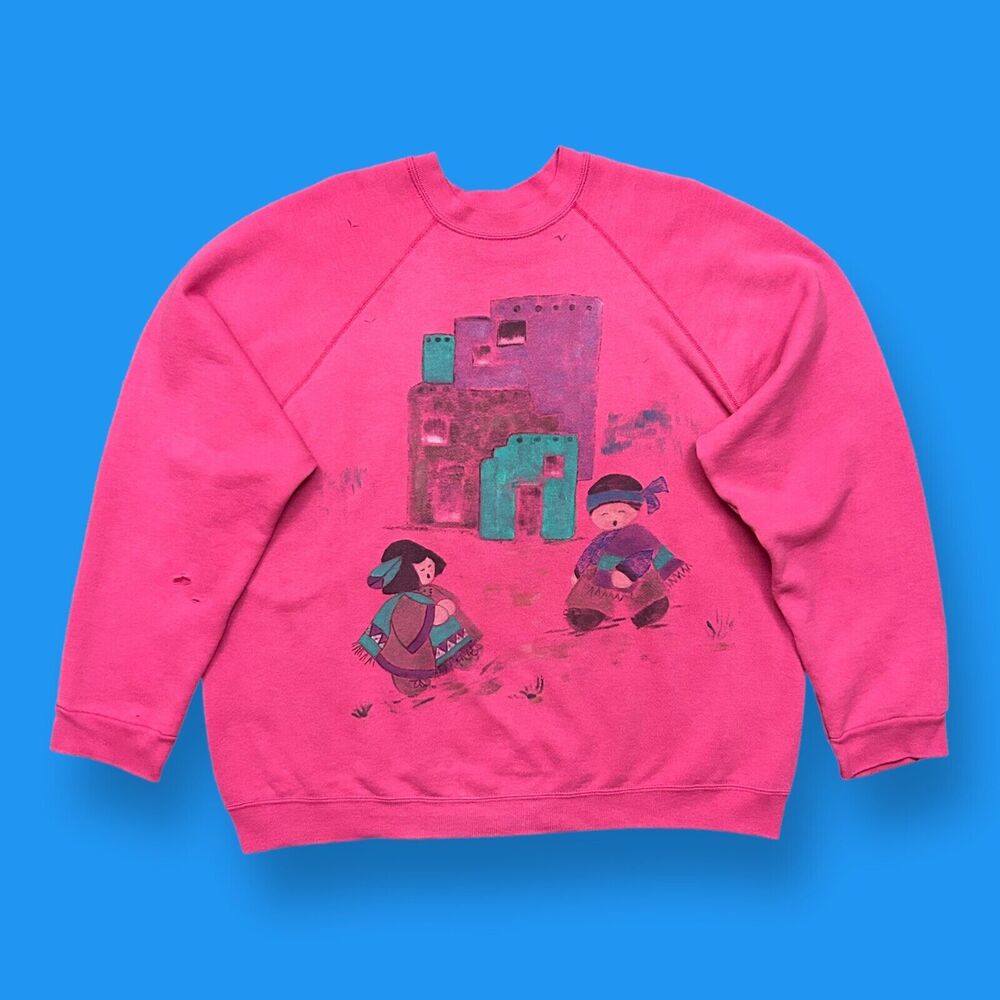 Vintage 80s Sweatshirt Crewneck Handmade Art Southwestern Native Pink